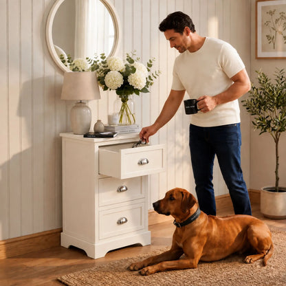Warm Ivory Pine Wood 3 Drawer Chest of Drawers with Polished Silver Cup Handles styled in a modern country home with a man using the open drawer and Rhodesian Ridgeback 70x41x33cm | Click Style