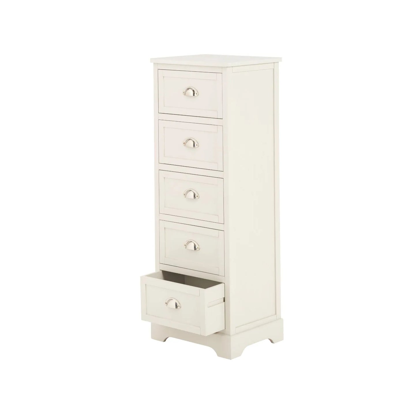 Warm Ivory Pine Wood 5 Drawer Tall Boy Chest of Drawers with Polished Silver Cup Handles angled front and left side view with bottom drawer open 108x41x33cm | Click Style
