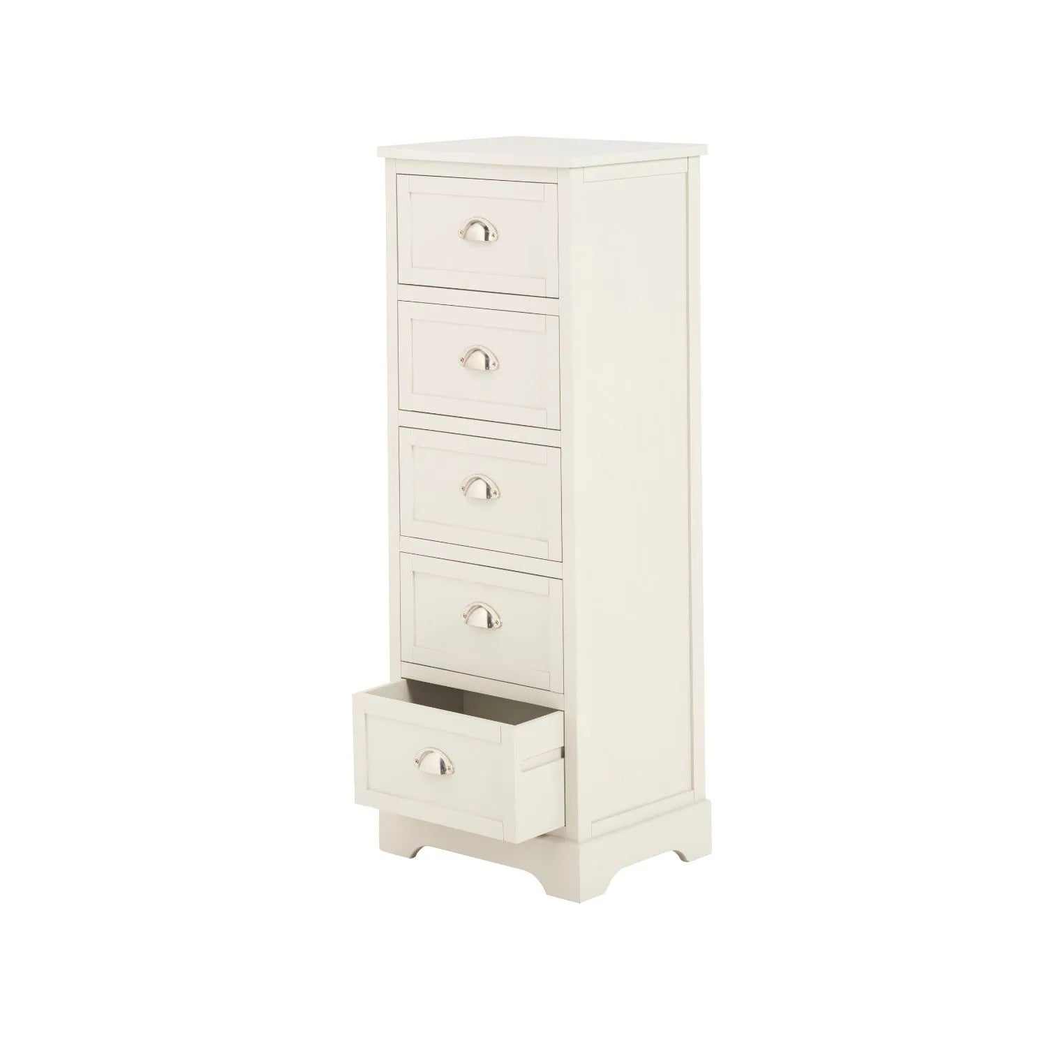 Warm Ivory Pine Wood 5 Drawer Tall Boy Chest of Drawers with Polished Silver Cup Handles angled front and left side view with bottom drawer open 108x41x33cm | Click Style
