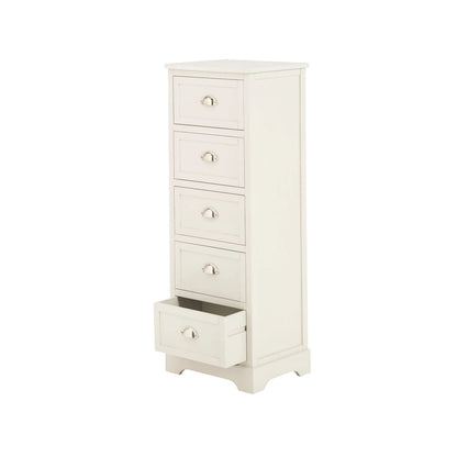 Warm Ivory Pine Wood 5 Drawer Tall Boy Chest of Drawers with Polished Silver Cup Handles angled front and left side view with bottom drawer open 108x41x33cm | Click Style