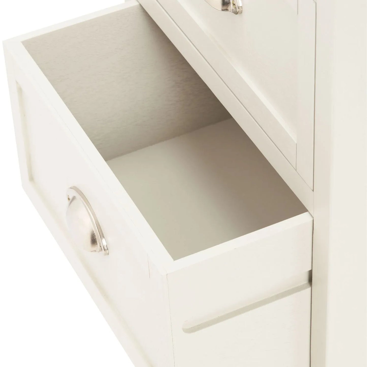 Warm Ivory Pine Wood 5 Drawer Tall Boy Chest of Drawers with Polished Silver Cup Handles close-up of open drawer interior and handle 108x41x33cm | Click Style