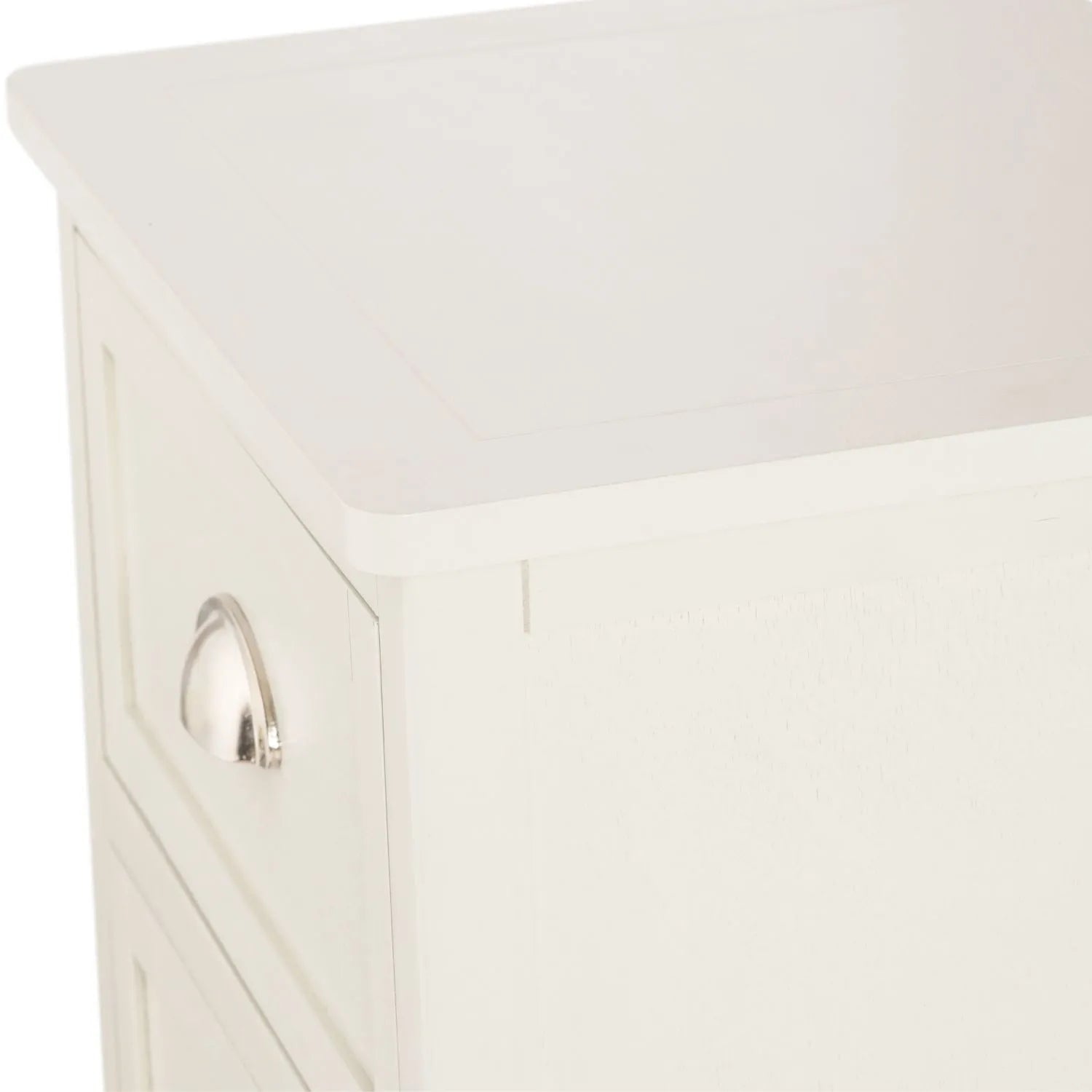 Warm Ivory Pine Wood 5 Drawer Tall Boy Chest of Drawers with Polished Silver Cup Handles close-up right side view showing curved top corner and top drawer handle 108x41x33cm | Click Style