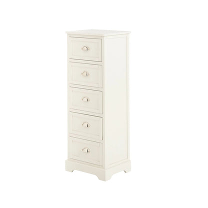 Warm Ivory Pine Wood 5 Drawer Tall Boy Chest of Drawers with Polished Silver Cup Handles angled front and left side view 108x41x33cm | Click Style