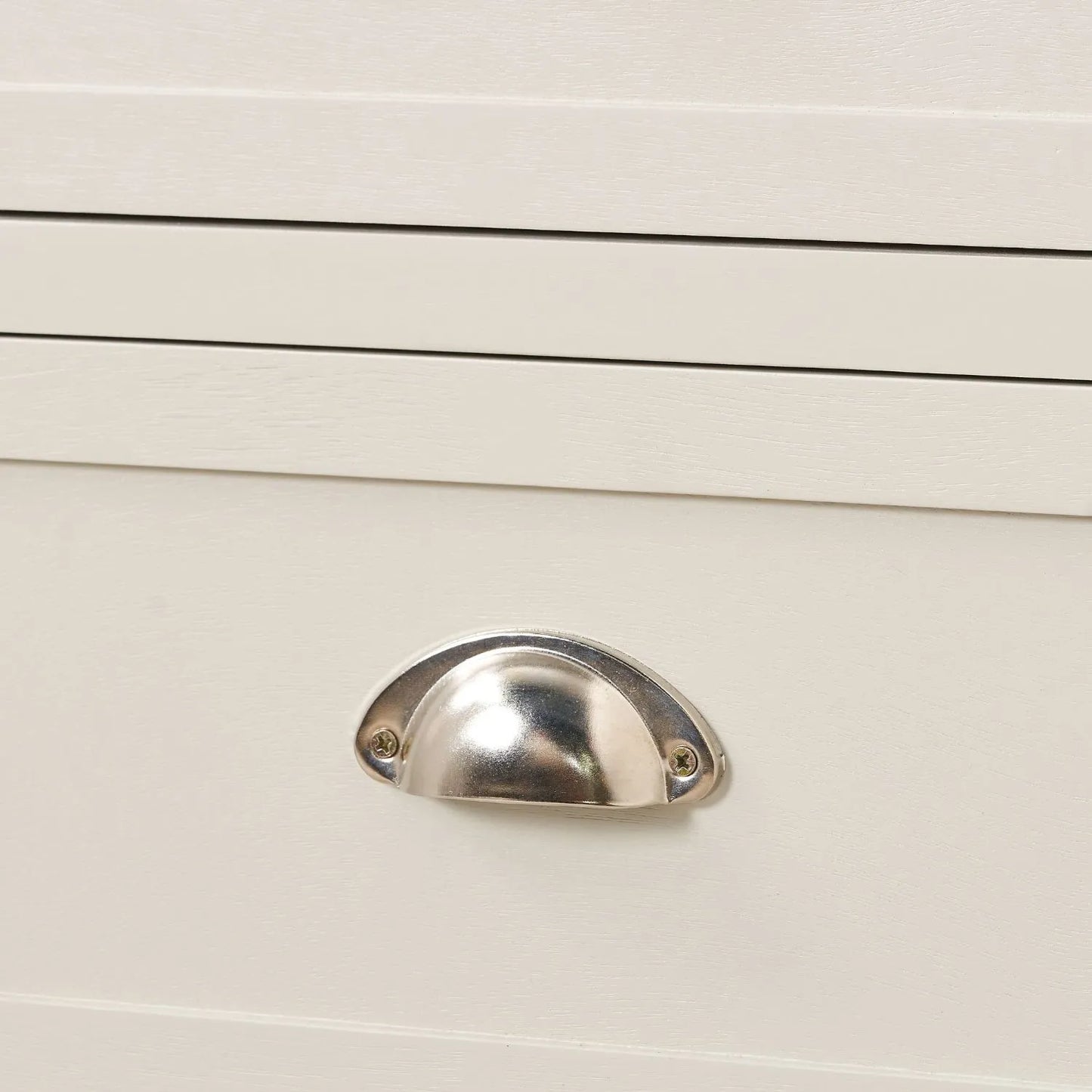 Warm Ivory Pine Wood 5 Drawer Tall Boy Chest of Drawers with Polished Silver Cup Handles close-up of another polished silver cup handle 108x41x33cm | Click Style