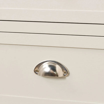 Warm Ivory Pine Wood 5 Drawer Tall Boy Chest of Drawers with Polished Silver Cup Handles close-up of another polished silver cup handle 108x41x33cm | Click Style