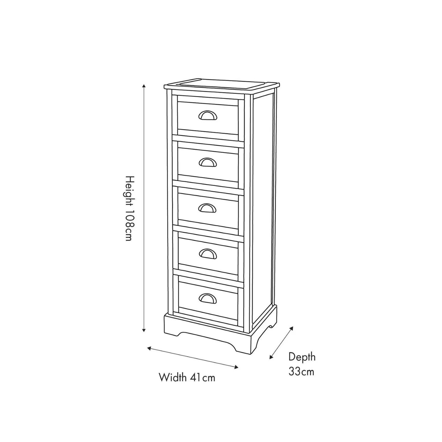 Warm Ivory Pine Wood 5 Drawer Tall Boy Chest of Drawers technical drawing angled front and left side view with dimensions 108x41x33cm | Click Style
