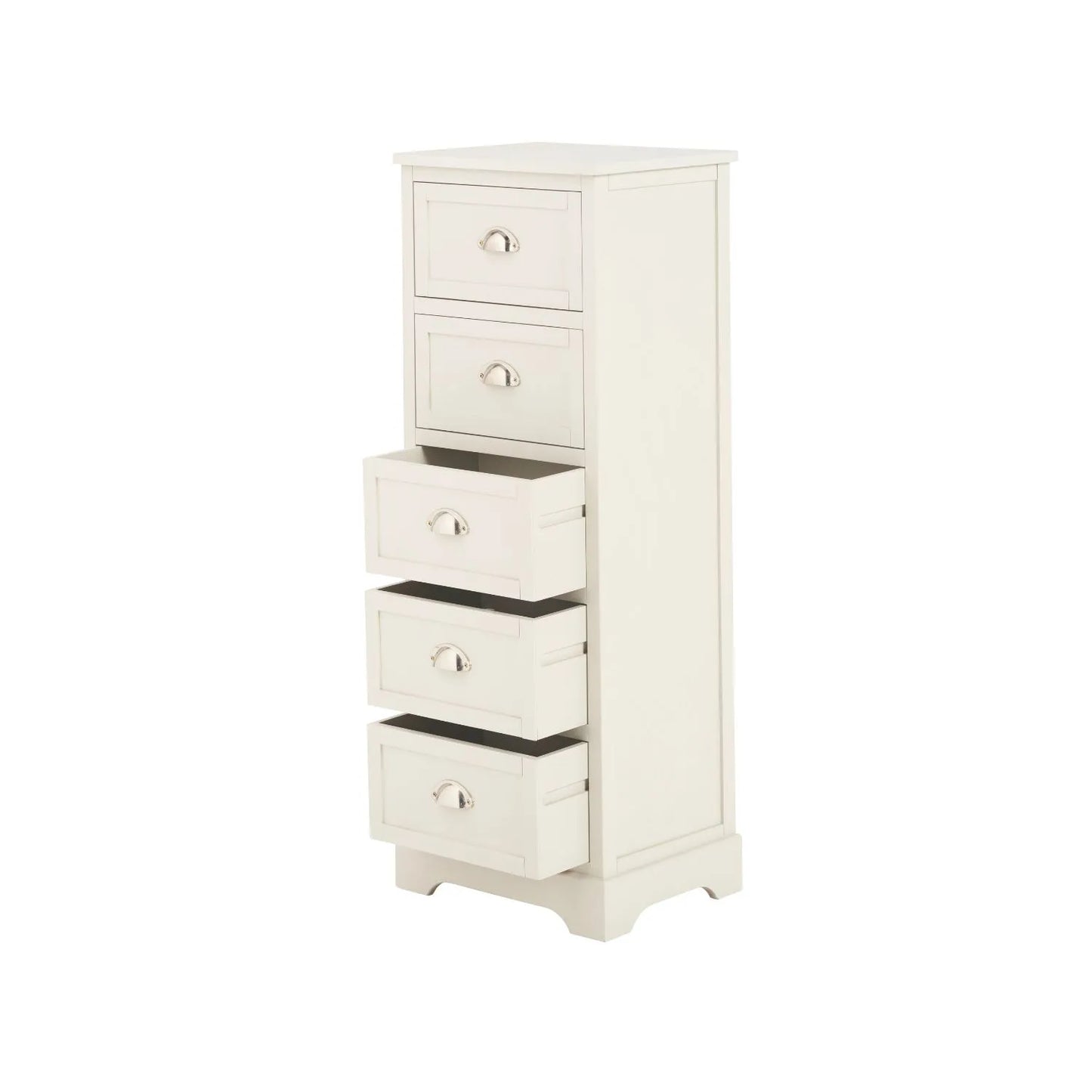 Warm Ivory Pine Wood 5 Drawer Tall Boy Chest of Drawers with Polished Silver Cup Handles angled front and left side view with three drawers open 108x41x33cm | Click Style