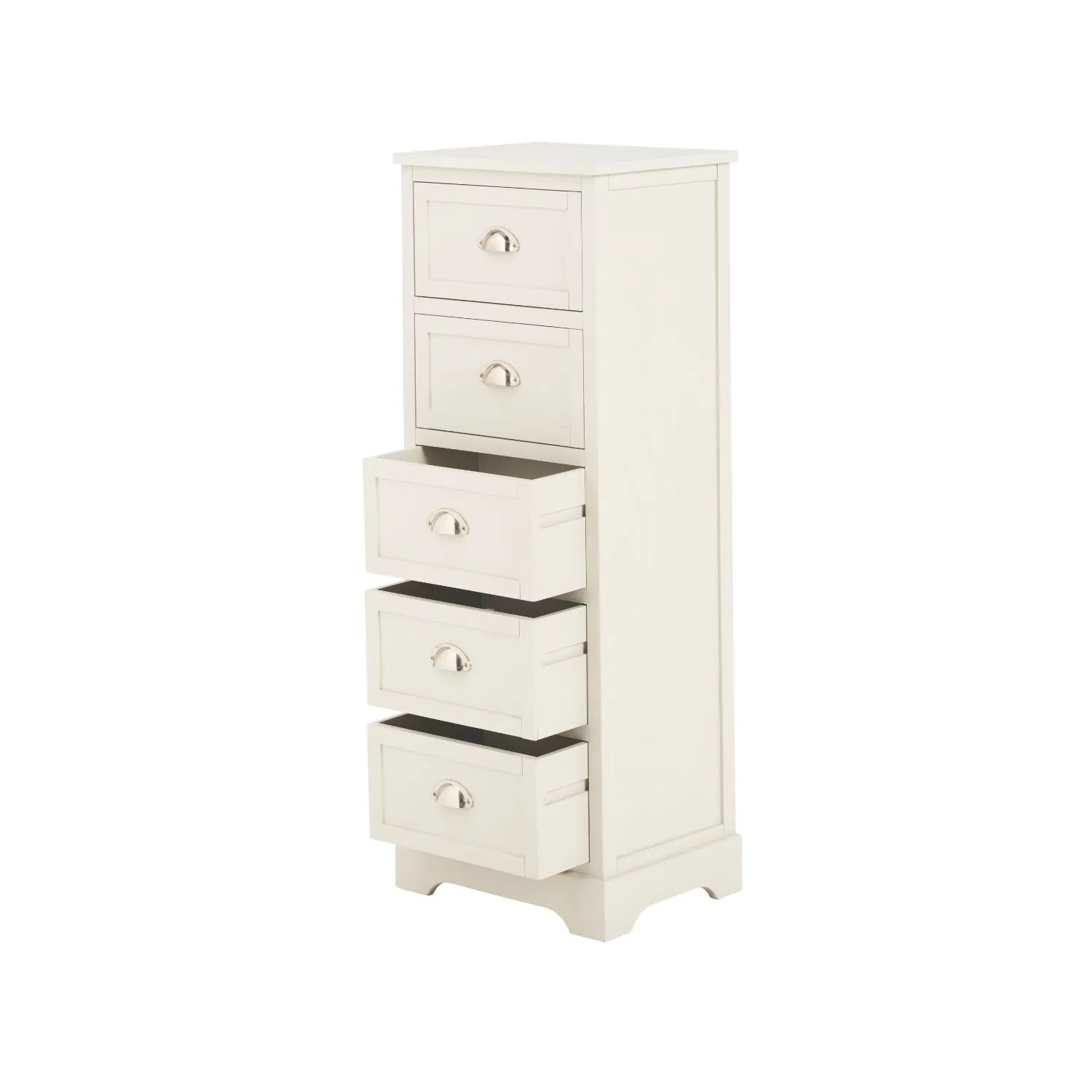 Warm Ivory Pine Wood 5 Drawer Tall Boy Chest of Drawers with Polished Silver Cup Handles angled front and left side view with three drawers open 108x41x33cm | Click Style