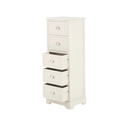 Warm Ivory Pine Wood 5 Drawer Tall Boy Chest of Drawers with Polished Silver Cup Handles angled front and left side view with three drawers open 108x41x33cm | Click Style