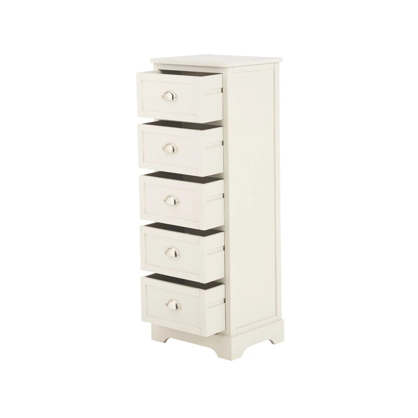 Warm Ivory Pine Wood 5 Drawer Tall Boy Chest of Drawers with Polished Silver Cup Handles angled front and left side view with all five drawers open 108x41x33cm | Click Style