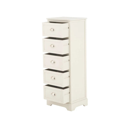 Warm Ivory Pine Wood 5 Drawer Tall Boy Chest of Drawers with Polished Silver Cup Handles angled front and left side view with all five drawers open 108x41x33cm | Click Style