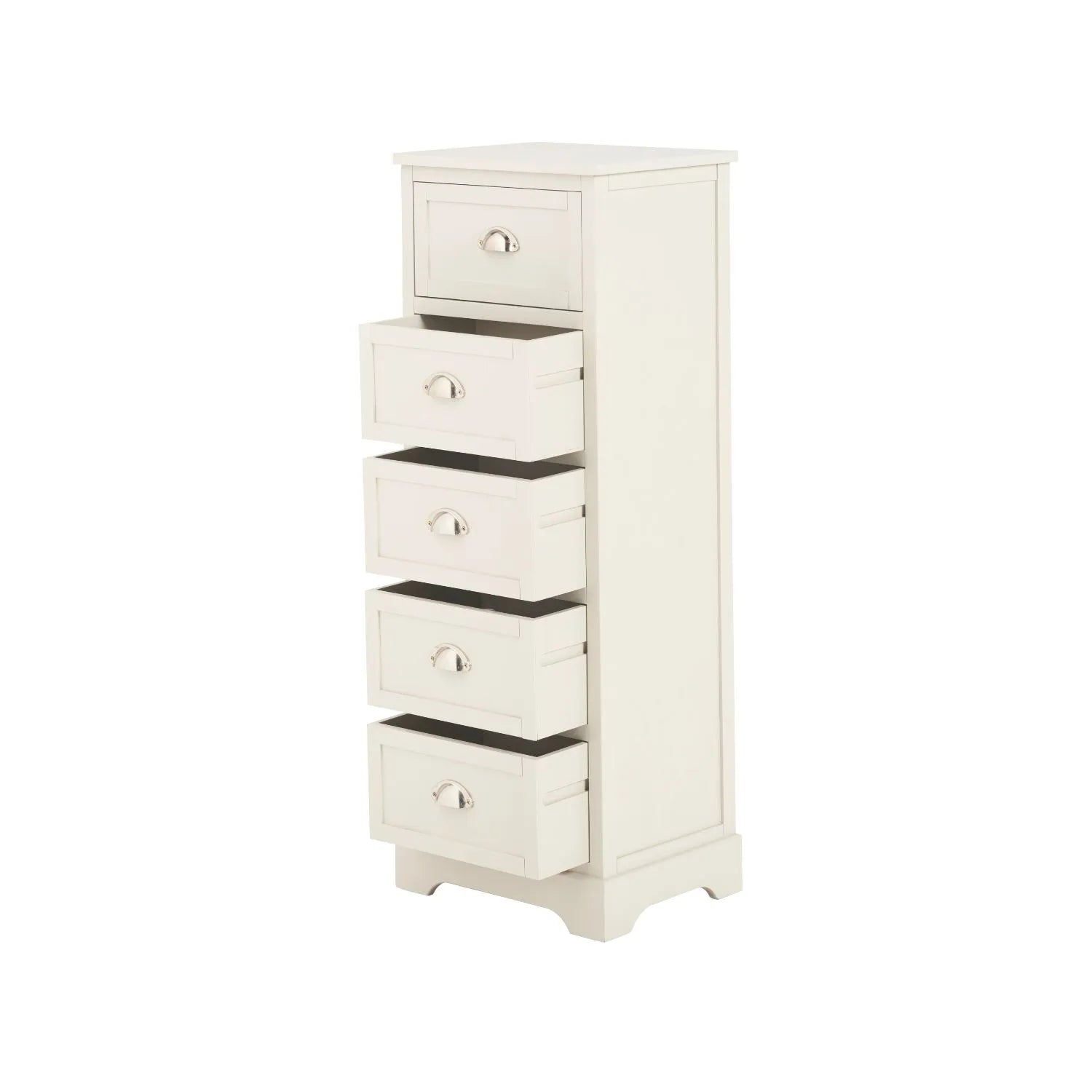 Warm Ivory Pine Wood 5 Drawer Tall Boy Chest of Drawers with Polished Silver Cup Handles angled front and left side view with four drawers open 108x41x33cm | Click Style