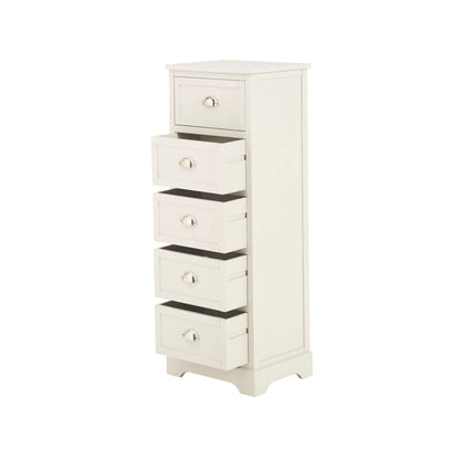 Warm Ivory Pine Wood 5 Drawer Tall Boy Chest of Drawers with Polished Silver Cup Handles angled front and left side view with four drawers open 108x41x33cm | Click Style
