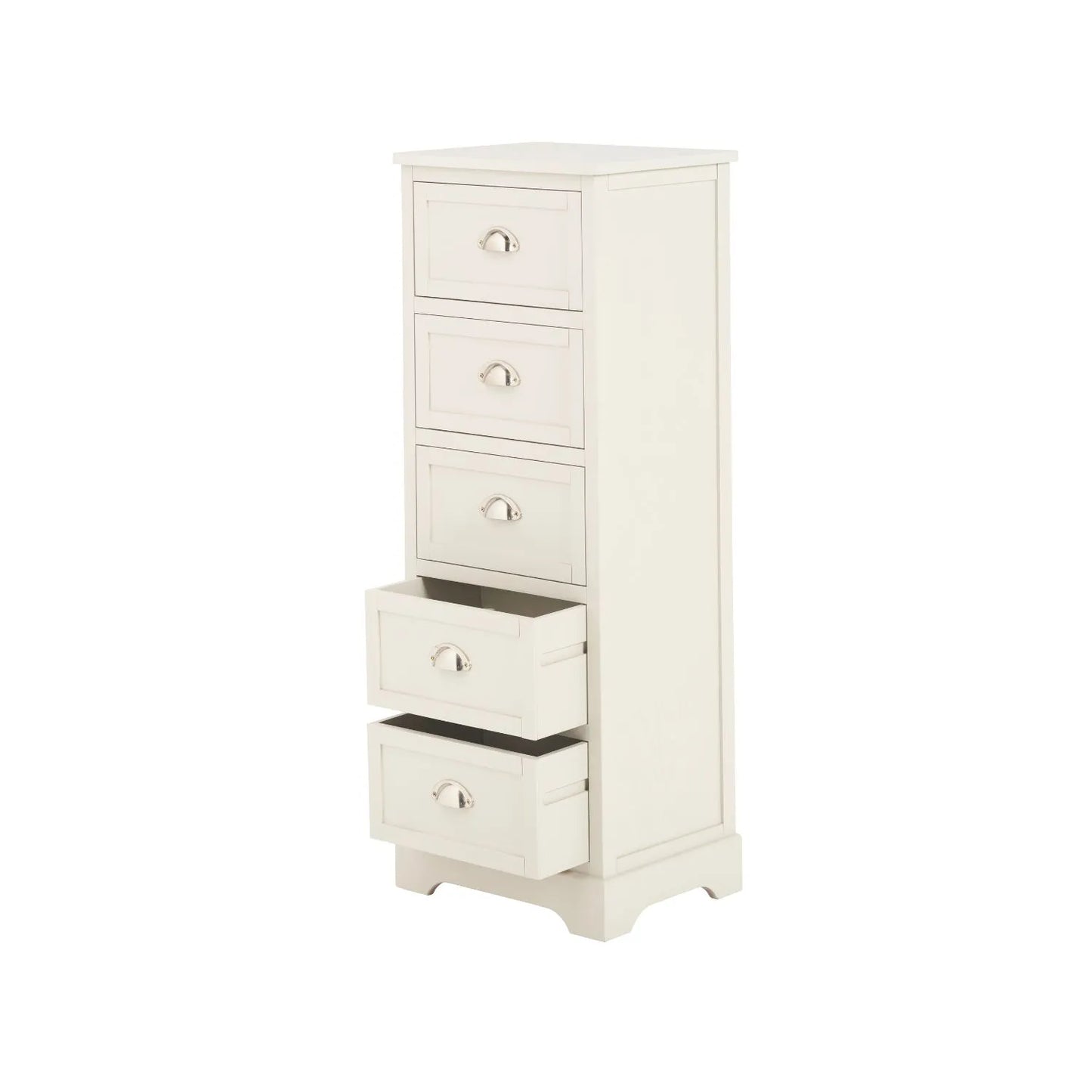 Warm Ivory Pine Wood 5 Drawer Tall Boy Chest of Drawers with Polished Silver Cup Handles angled front and left side view with two bottom drawers open 108x41x33cm | Click Style
