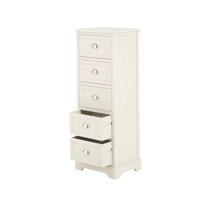Warm Ivory Pine Wood 5 Drawer Tall Boy Chest of Drawers with Polished Silver Cup Handles angled front and left side view with two bottom drawers open 108x41x33cm | Click Style