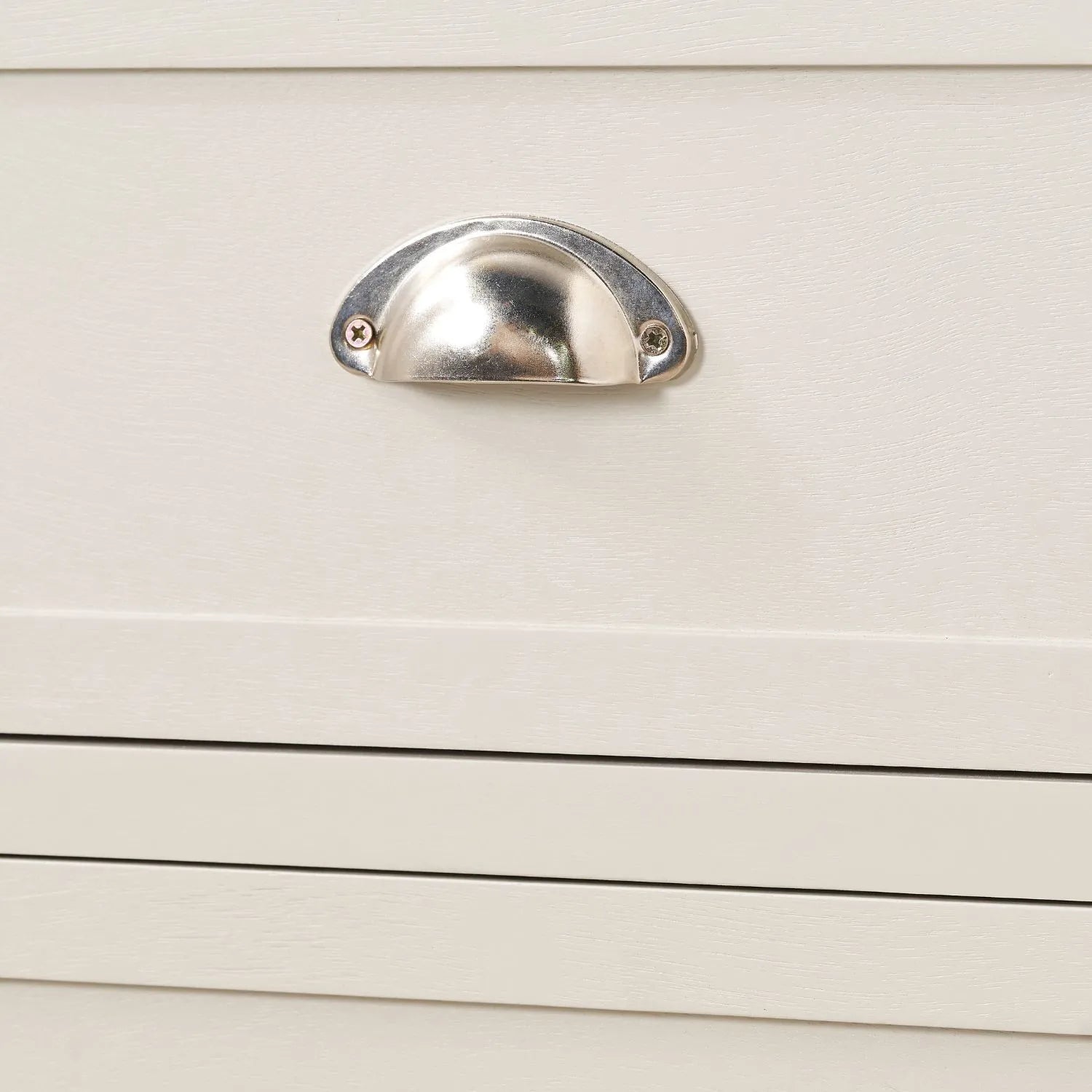 Warm Ivory Pine Wood 5 Drawer Tall Boy Chest of Drawers with Polished Silver Cup Handles close-up of polished silver cup handle 108x41x33cm | Click Style
