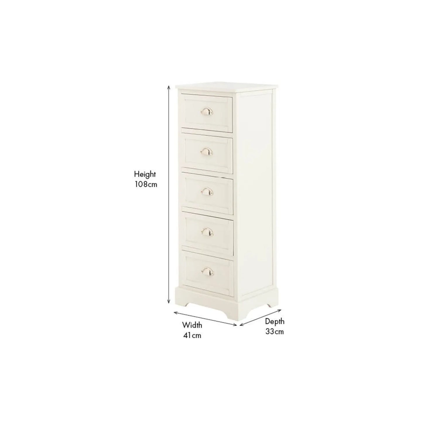 Warm Ivory Pine Wood 5 Drawer Tall Boy Chest of Drawers with Polished Silver Cup Handles angled front and left side view with dimensions 108x41x33cm | Click Style