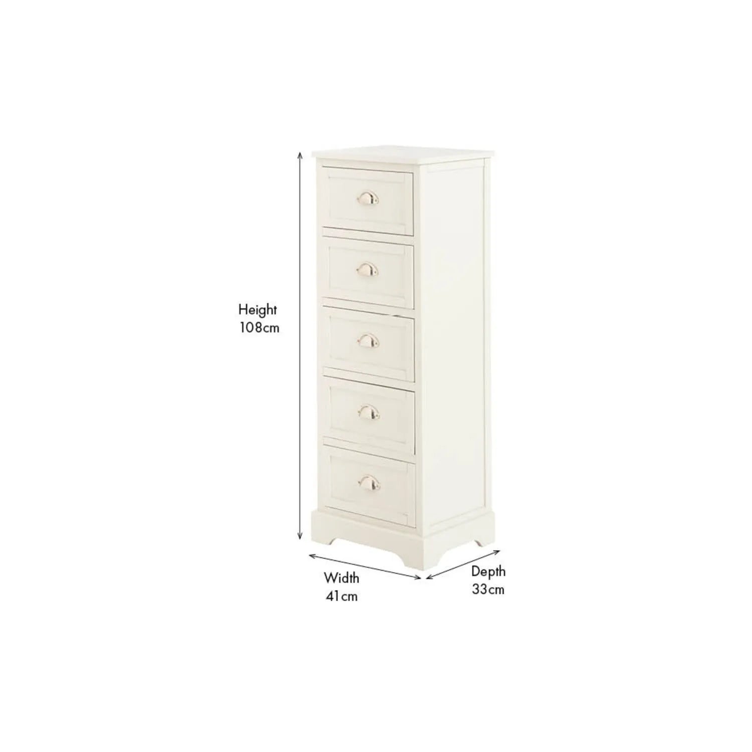 Warm Ivory Pine Wood 5 Drawer Tall Boy Chest of Drawers with Polished Silver Cup Handles angled front and left side view with dimensions 108x41x33cm | Click Style