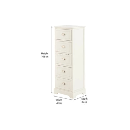 Warm Ivory Pine Wood 5 Drawer Tall Boy Chest of Drawers with Polished Silver Cup Handles angled front and left side view with dimensions 108x41x33cm | Click Style