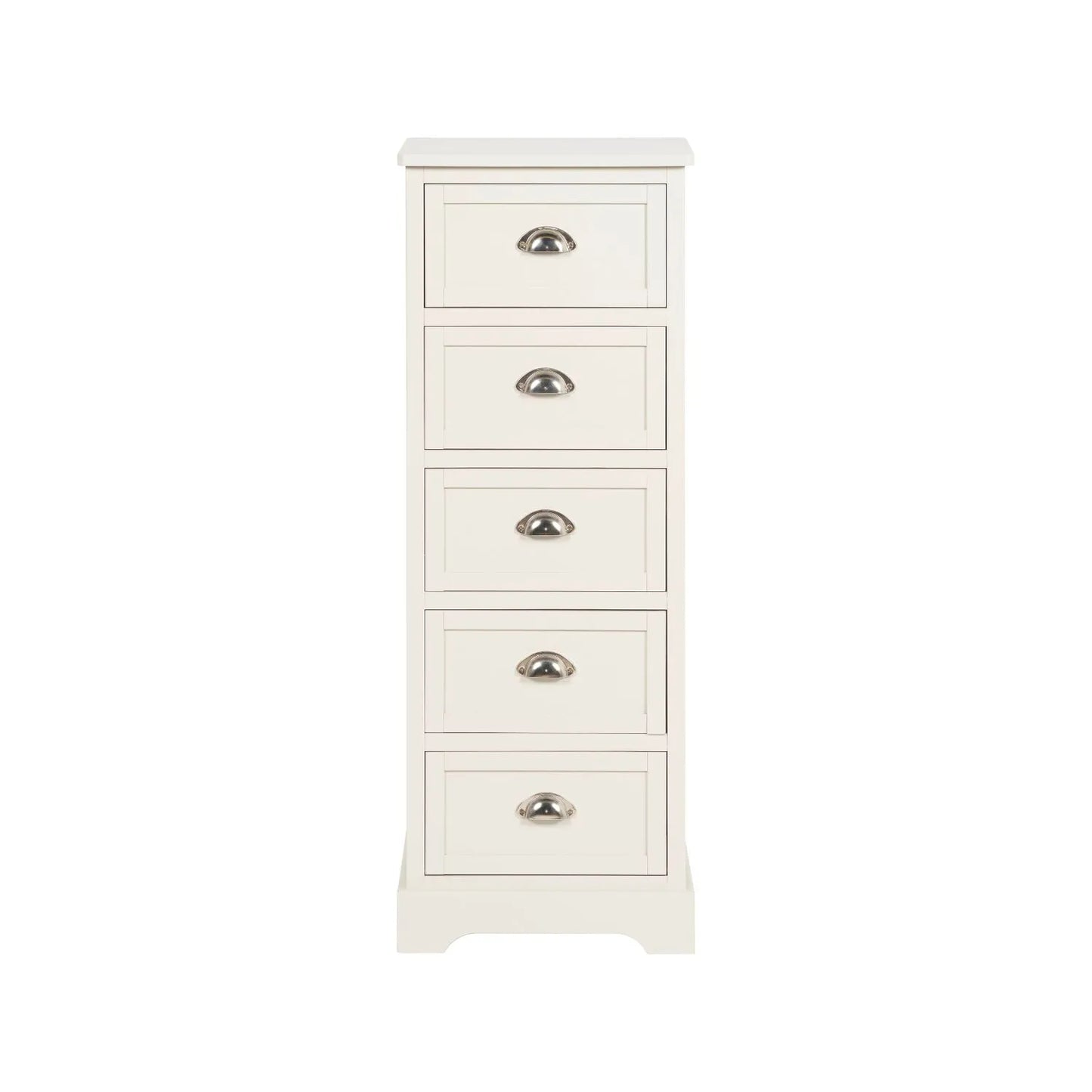 Warm Ivory Pine Wood 5 Drawer Tall Boy Chest of Drawers with Polished Silver Cup Handles front view 108x41x33cm | Click Style