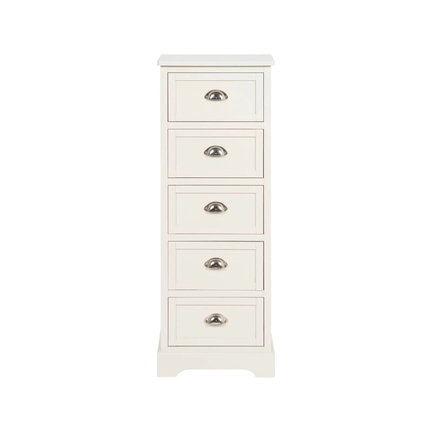 Warm Ivory Pine Wood 5 Drawer Tall Boy Chest of Drawers with Polished Silver Cup Handles front view 108x41x33cm | Click Style