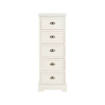 Warm Ivory Pine Wood 5 Drawer Tall Boy Chest of Drawers with Polished Silver Cup Handles front view 108x41x33cm | Click Style