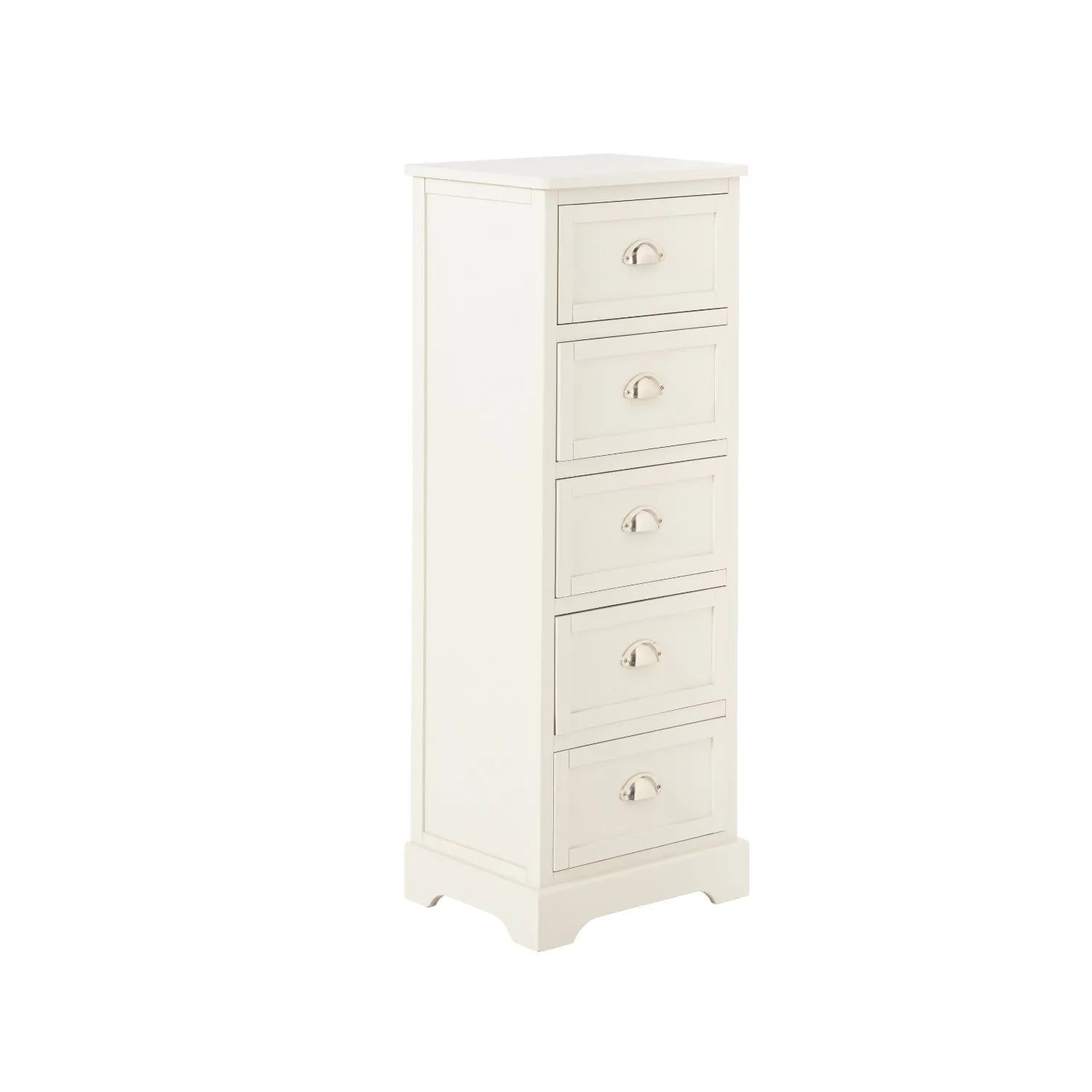 Warm Ivory Pine Wood 5 Drawer Tall Boy Chest of Drawers with Polished Silver Cup Handles angled front and right side view 108x41x33cm | Click Style