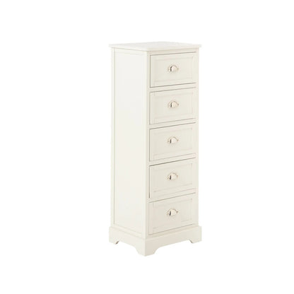 Warm Ivory Pine Wood 5 Drawer Tall Boy Chest of Drawers with Polished Silver Cup Handles angled front and right side view 108x41x33cm | Click Style