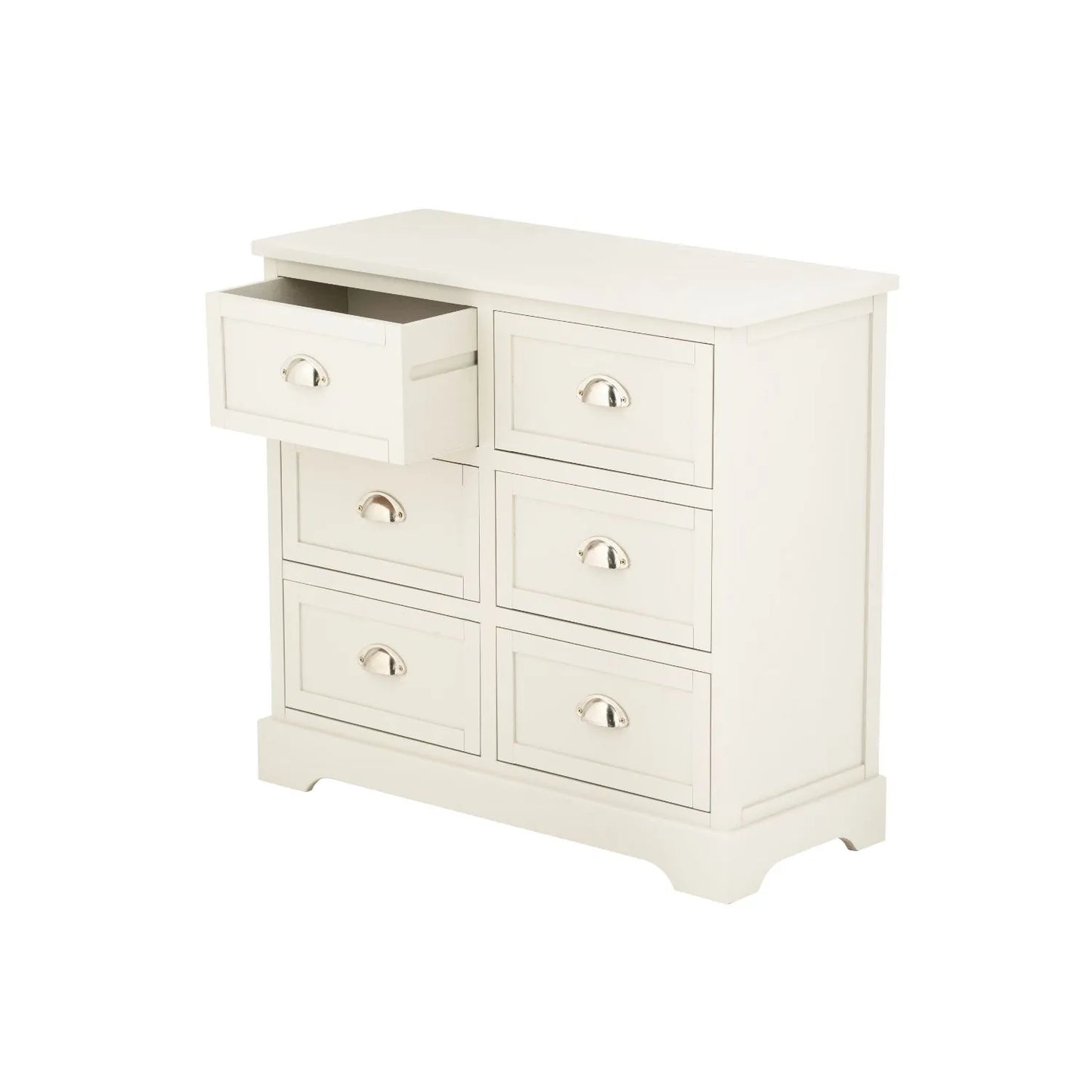 Warm Ivory Pine Wood 6 Drawer Chest of Drawers with Polished Silver Cup Handles angled front and side view facing left with one drawer open 70x76x33cm | Click Style