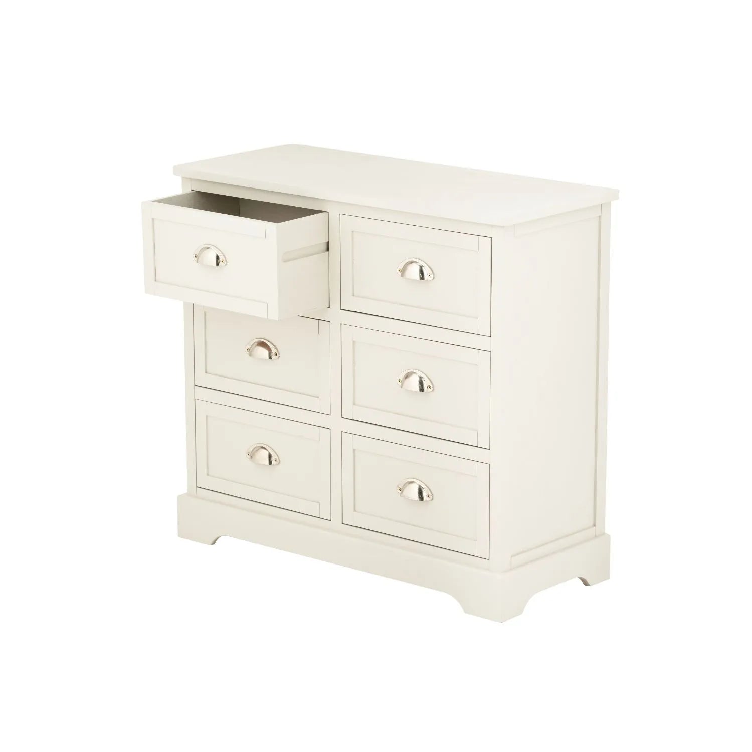 Warm Ivory Pine Wood 6 Drawer Chest of Drawers with Polished Silver Cup Handles angled front and side view facing left with one drawer open 70x76x33cm | Click Style