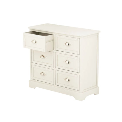 Warm Ivory Pine Wood 6 Drawer Chest of Drawers with Polished Silver Cup Handles angled front and side view facing left with one drawer open 70x76x33cm | Click Style