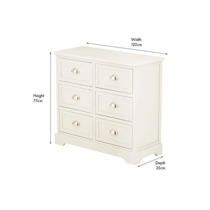 Warm Ivory Pine Wood 6 Drawer Chest of Drawers angled right facing view showing product dimensions 70x76x33cm | Click Style