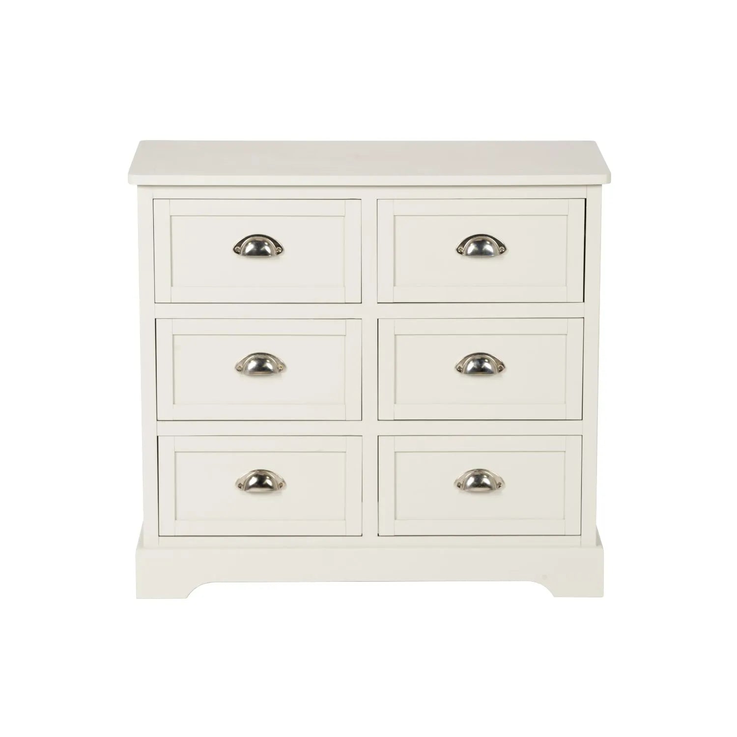 Warm Ivory Pine Wood 6 Drawer Chest of Drawers with Polished Silver Cup Handles front view 70x76x33cm | Click Style