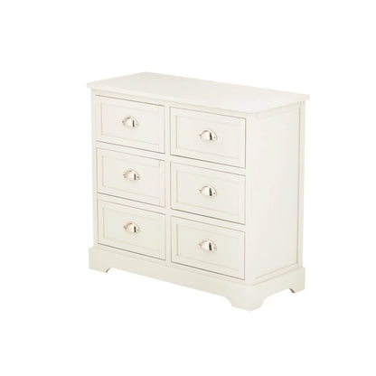 Warm Ivory Pine Wood 6 Drawer Chest of Drawers with Polished Silver Cup Handles angled front and side view facing left 70x76x33cm | Click Style