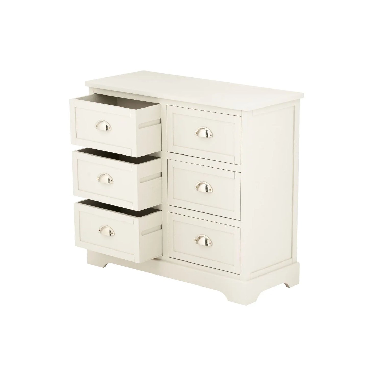 Warm Ivory Pine Wood 6 Drawer Chest of Drawers with Polished Silver Cup Handles angled front and side view facing left with three drawers open 70x76x33cm | Click Style