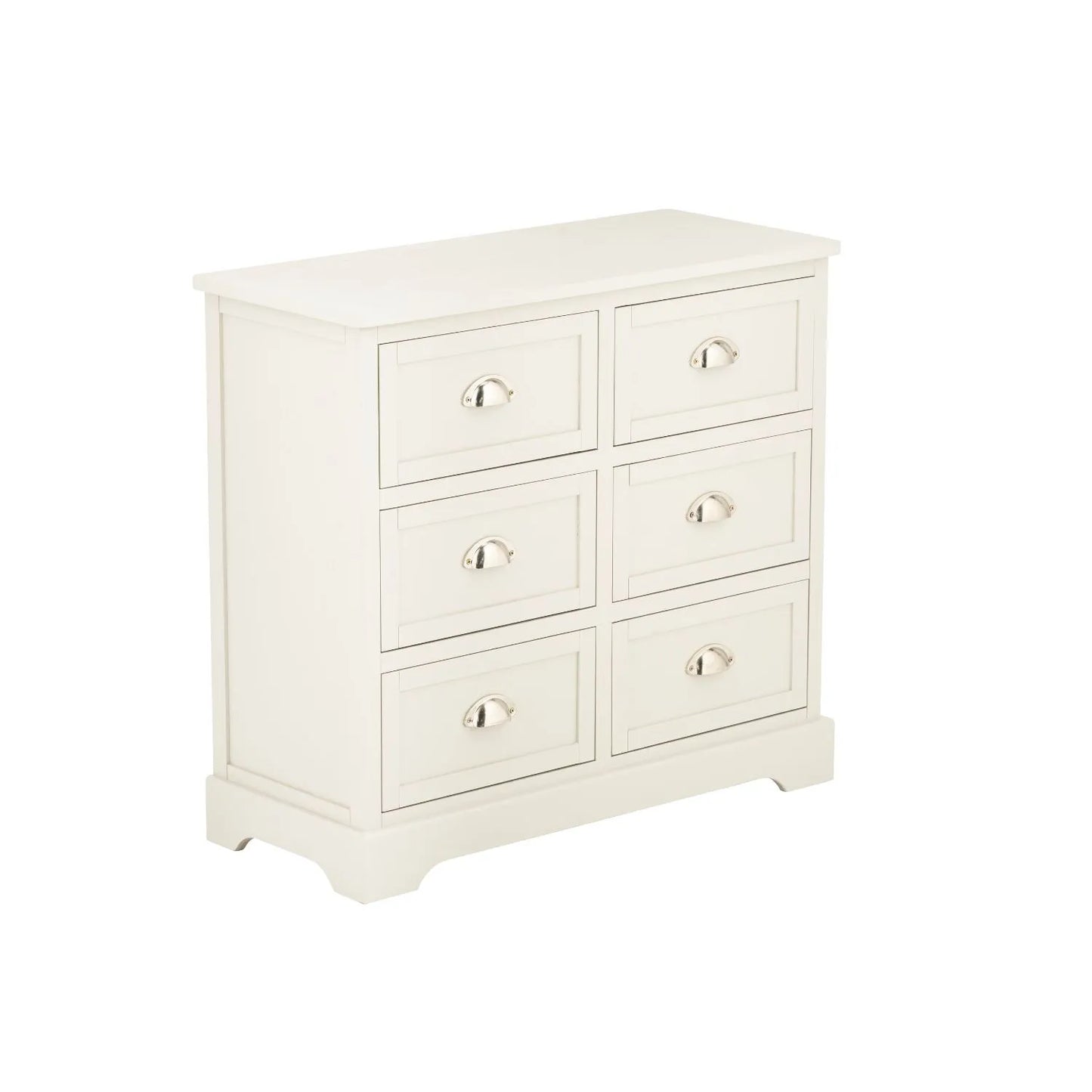 Warm Ivory Pine Wood 6 Drawer Chest of Drawers with Polished Silver Cup Handles angled front and side view facing right 70x76x33cm | Click Style