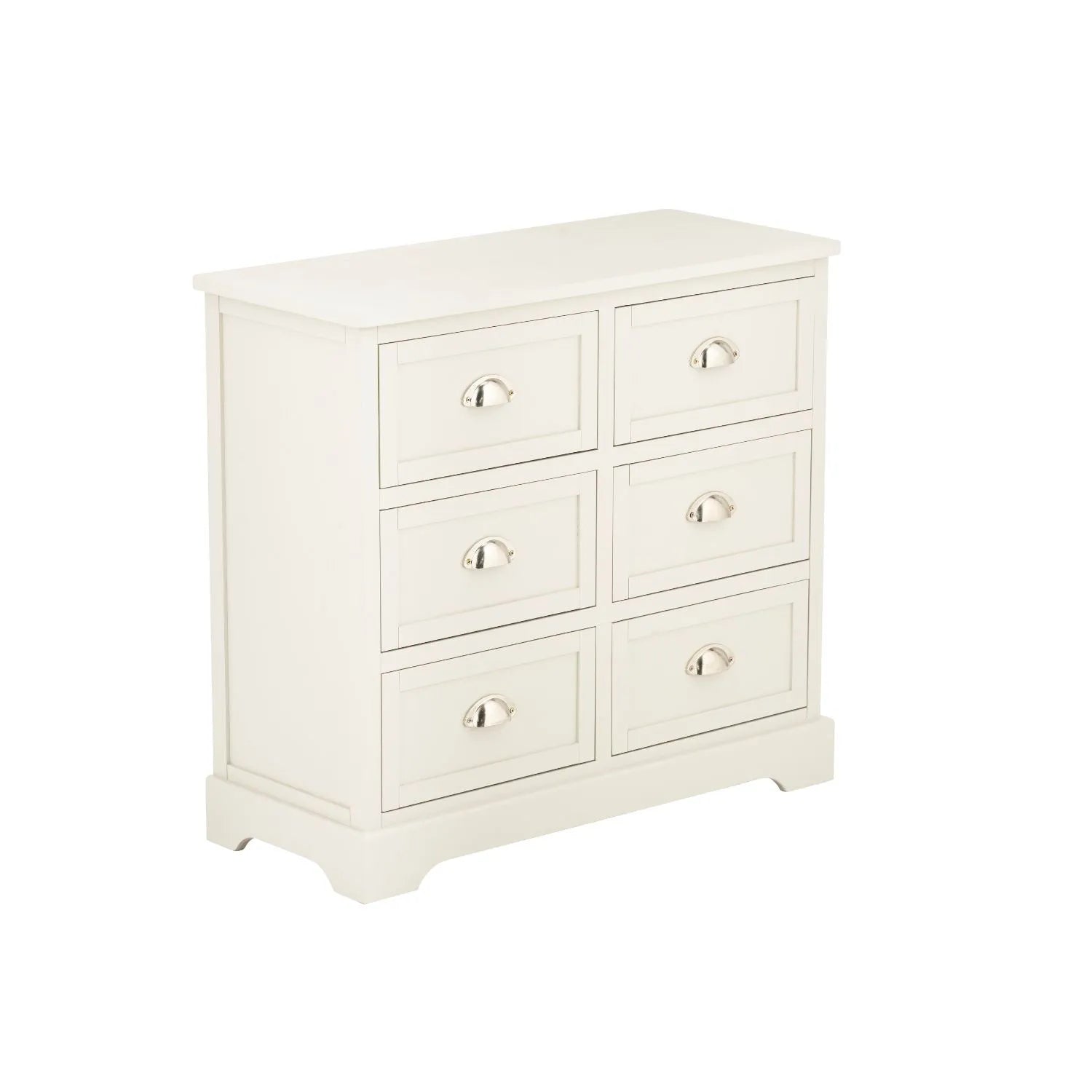 Warm Ivory Pine Wood 6 Drawer Chest of Drawers with Polished Silver Cup Handles angled front and side view facing right 70x76x33cm | Click Style
