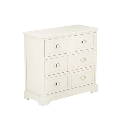 Warm Ivory Pine Wood 6 Drawer Chest of Drawers with Polished Silver Cup Handles angled front and side view facing right 70x76x33cm | Click Style