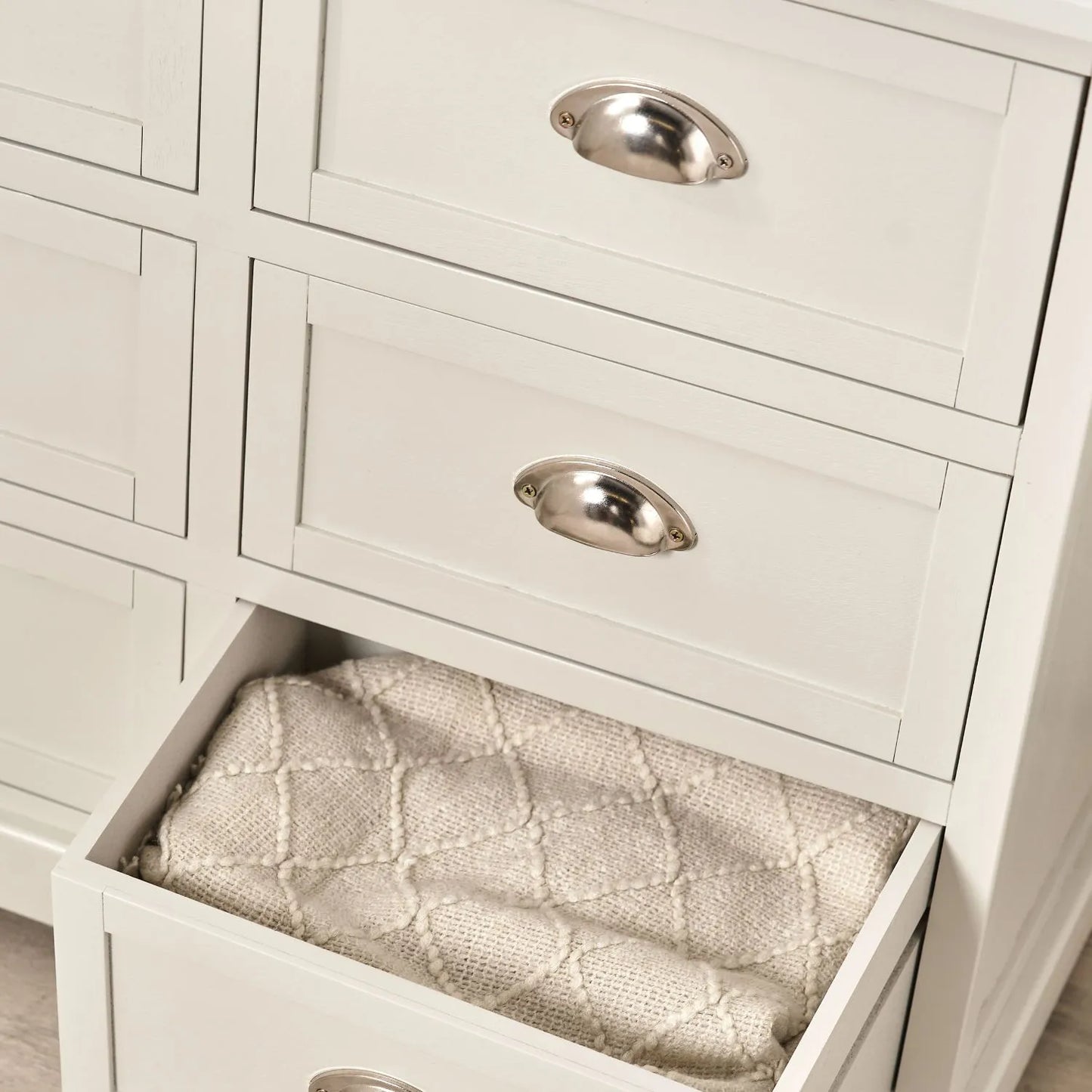 Warm Ivory Pine Wood 6 Drawer Chest of Drawers lifestyle view with bottom right drawer open and cream throw inside 70x76x33cm | Click Style