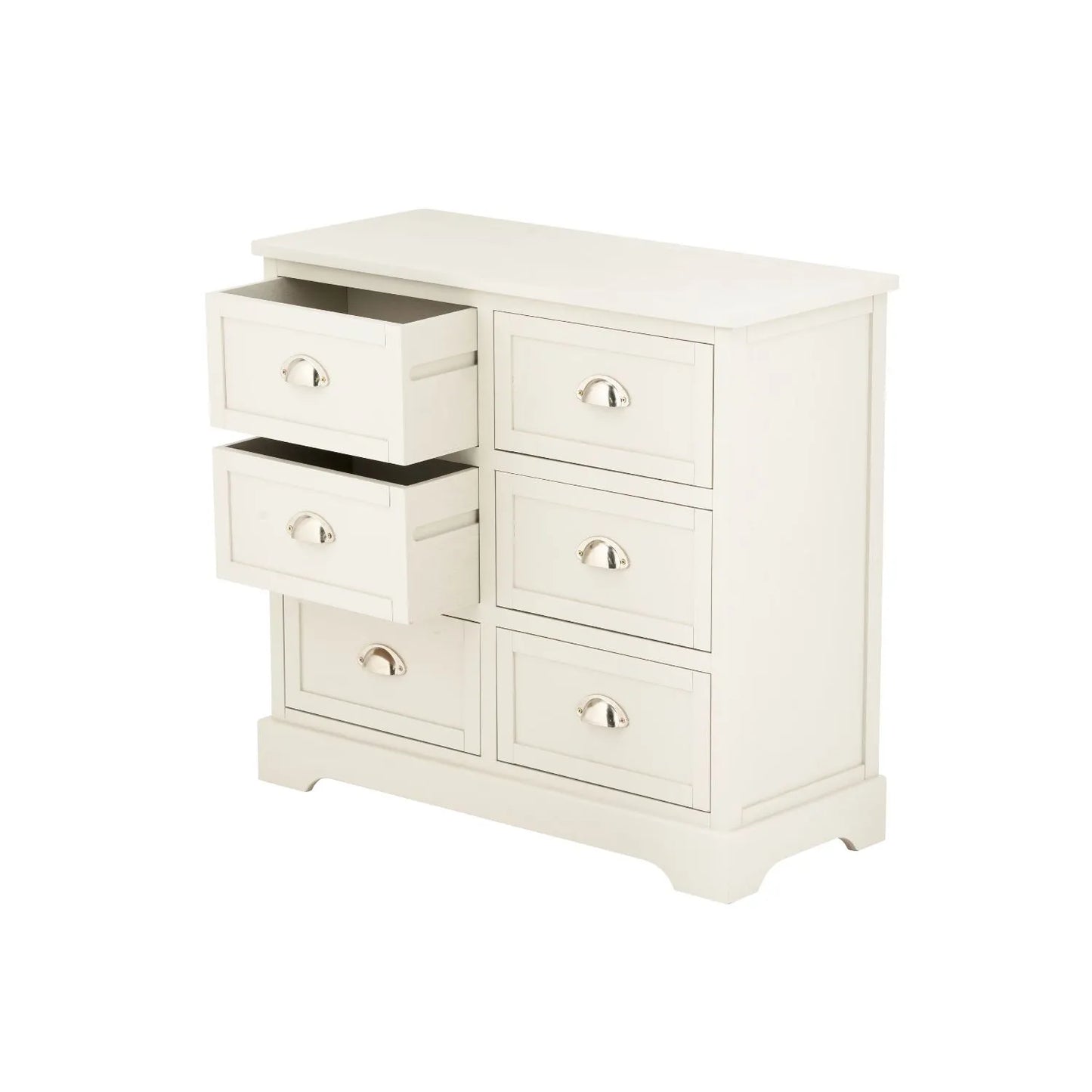 Warm Ivory Pine Wood 6 Drawer Chest of Drawers with Polished Silver Cup Handles angled front and side view facing left with two drawers open 70x76x33cm | Click Style