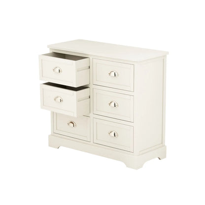 Warm Ivory Pine Wood 6 Drawer Chest of Drawers with Polished Silver Cup Handles angled front and side view facing left with two drawers open 70x76x33cm | Click Style