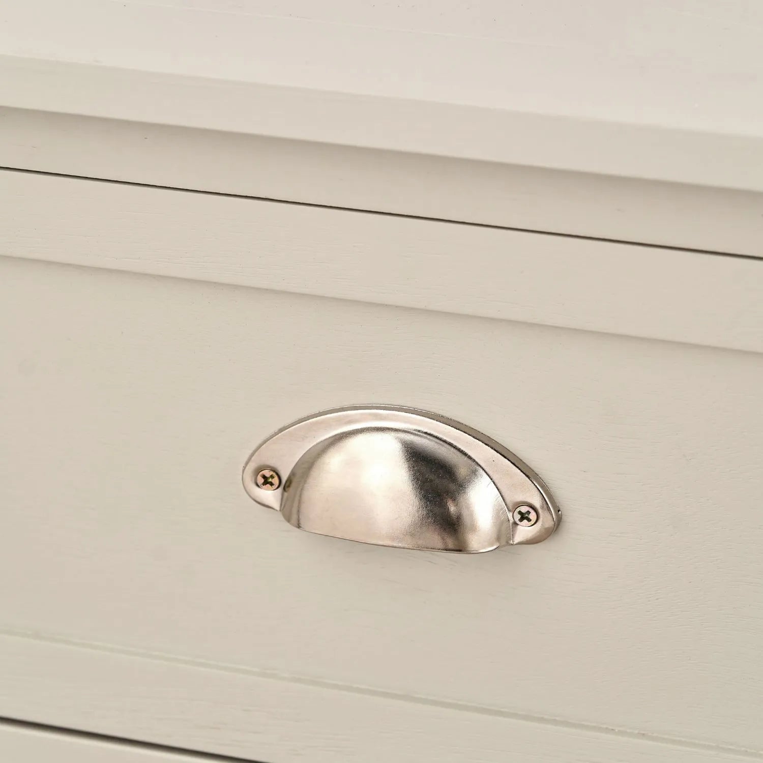 Warm Ivory Pine Wood 6 Drawer Chest of Drawers close-up of Polished Silver Cup Handle and top detail 70x76x33cm | Click Style