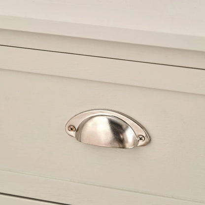 Warm Ivory Pine Wood 6 Drawer Chest of Drawers close-up of Polished Silver Cup Handle and top detail 70x76x33cm | Click Style