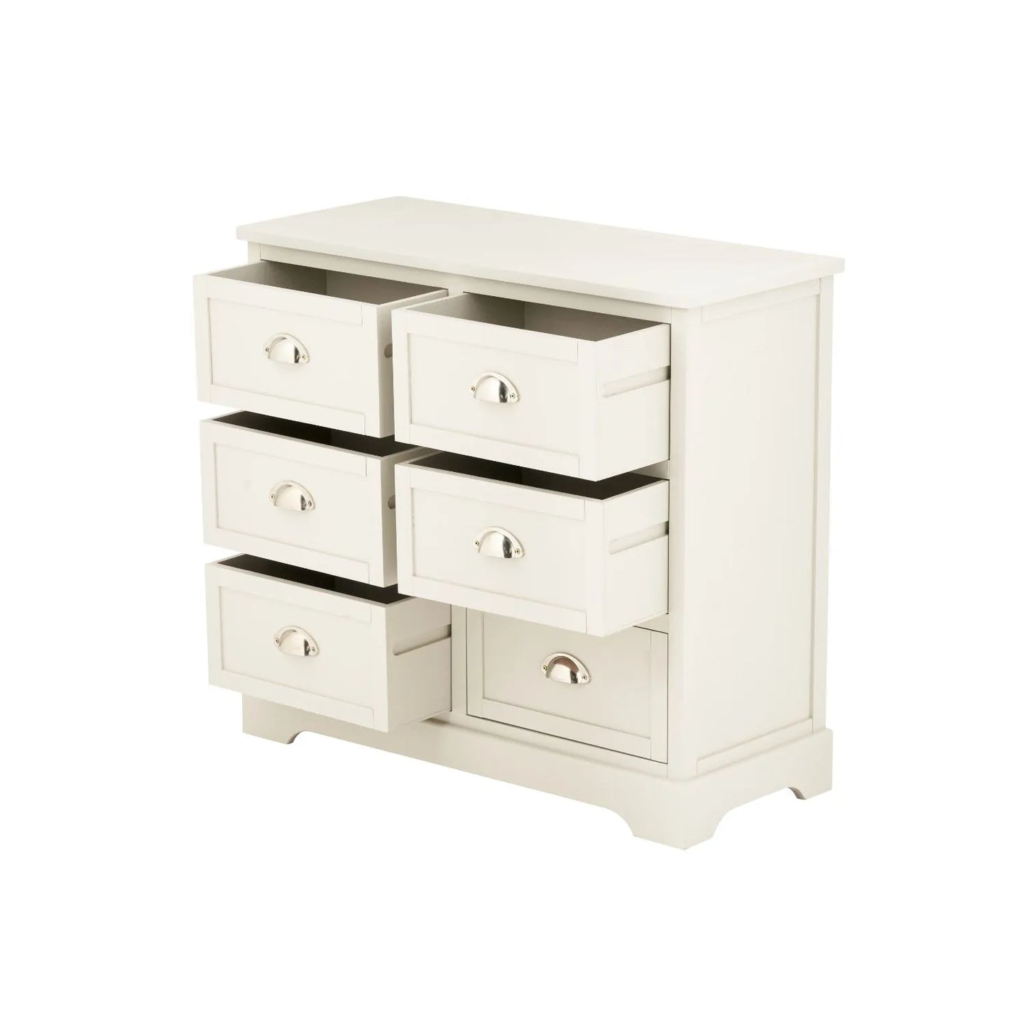 Warm Ivory Pine Wood 6 Drawer Chest of Drawers with Polished Silver Cup Handles angled front and side view facing left with five drawers open 70x76x33cm | Click Style