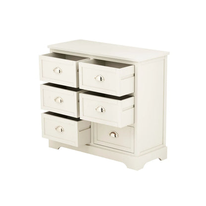 Warm Ivory Pine Wood 6 Drawer Chest of Drawers with Polished Silver Cup Handles angled front and side view facing left with five drawers open 70x76x33cm | Click Style
