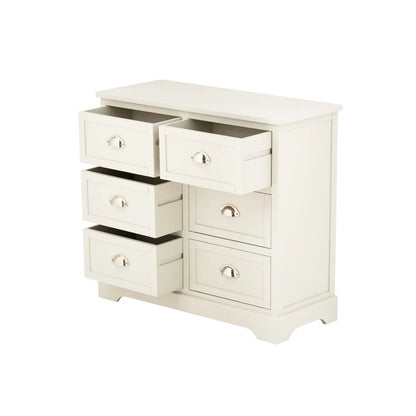 Warm Ivory Pine Wood 6 Drawer Chest of Drawers with Polished Silver Cup Handles angled front and side view facing left with four drawers open 70x76x33cm | Click Style