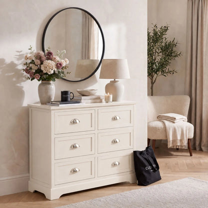Warm Ivory Pine Wood 6 Drawer Chest of Drawers with Polished Silver Cup Handles styled in a neutral home with Click Style tote bag 70x76x33cm | Click Style