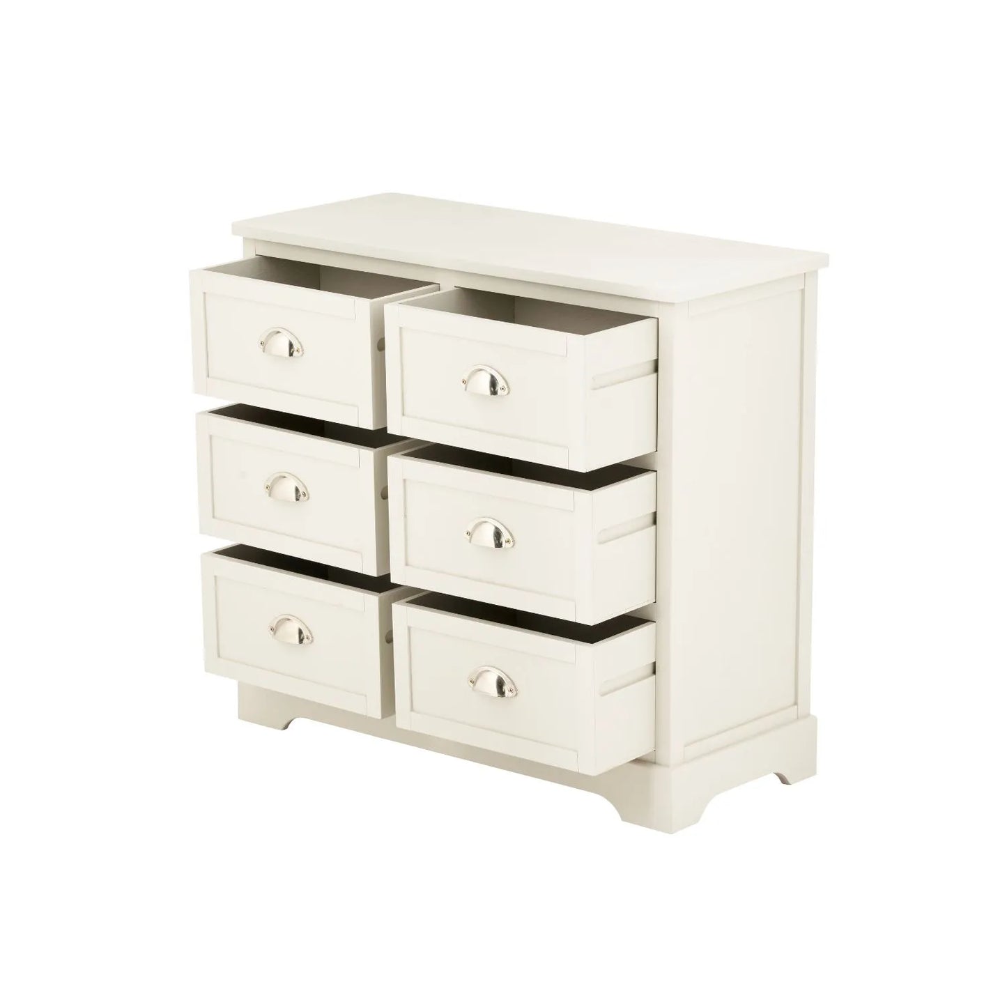 Warm Ivory Pine Wood 6 Drawer Chest of Drawers with Polished Silver Cup Handles angled front and side view facing left with all six drawers open 70x76x33cm | Click Style