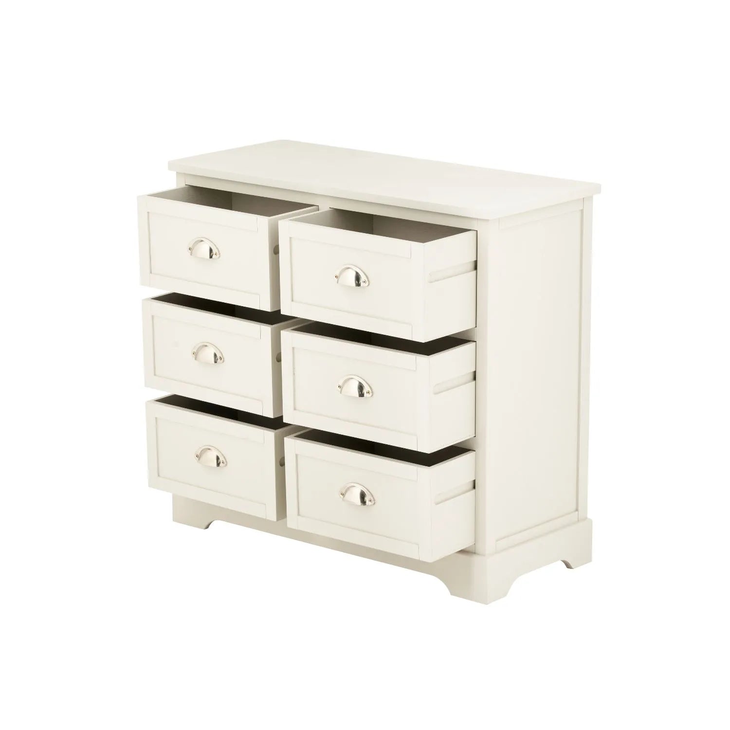 Warm Ivory Pine Wood 6 Drawer Chest of Drawers with Polished Silver Cup Handles angled front and side view facing left with all six drawers open 70x76x33cm | Click Style