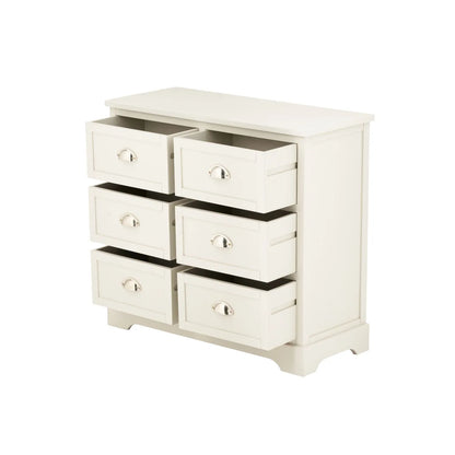 Warm Ivory Pine Wood 6 Drawer Chest of Drawers with Polished Silver Cup Handles angled front and side view facing left with all six drawers open 70x76x33cm | Click Style